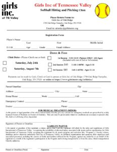 Girls Inc. Softball Clinic Registration Form